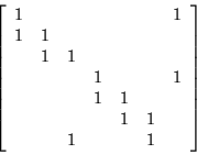 \begin{displaymath}\left[
\begin{array}{c c c c c c c}
1 & & & & & & 1 \\
1 & 1...
...1 \\
& & & & 1 & 1 \\
& & 1 & & & 1 \\
\end{array}\right]
\end{displaymath}