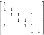 \begin{displaymath}\left[
\begin{array}{c c c c c c}
1 & & & & & \\
1 & 1 & & &...
... \\
1 & & & 1 & 1 & \\
& & & & 1 & 1 \\
\end{array}\right]
\end{displaymath}